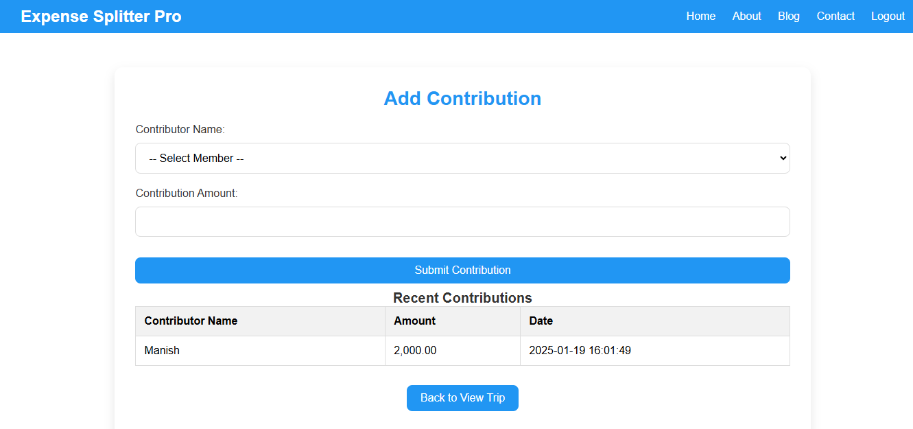 Input contribution amount for each member in the expense splitter tool